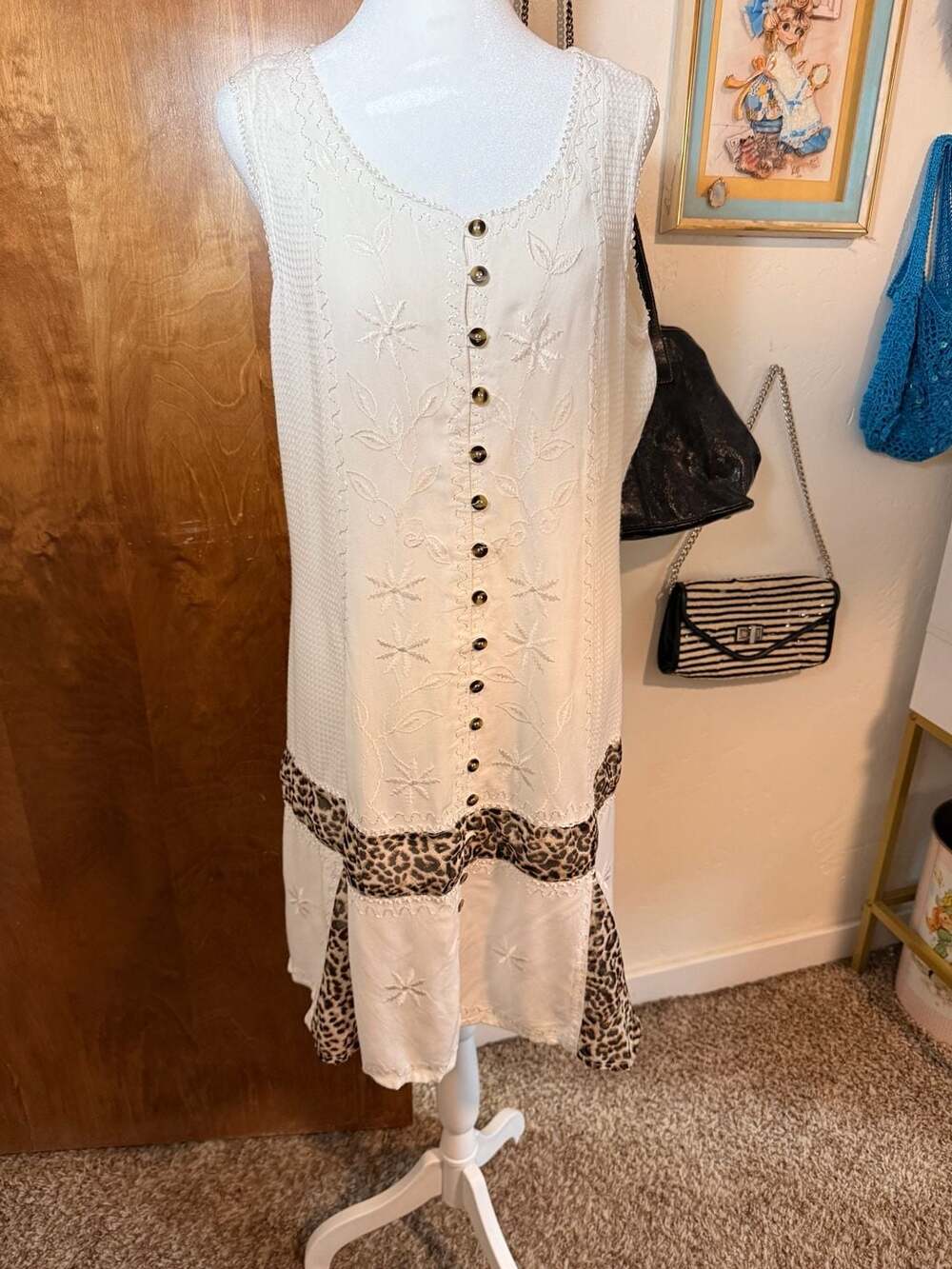 Raya Sun Embroidered Button Down Midi Dress with Leopard Print Accents